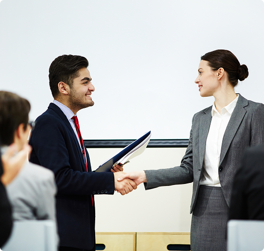 Business professional presenting growth strategy on whiteboard