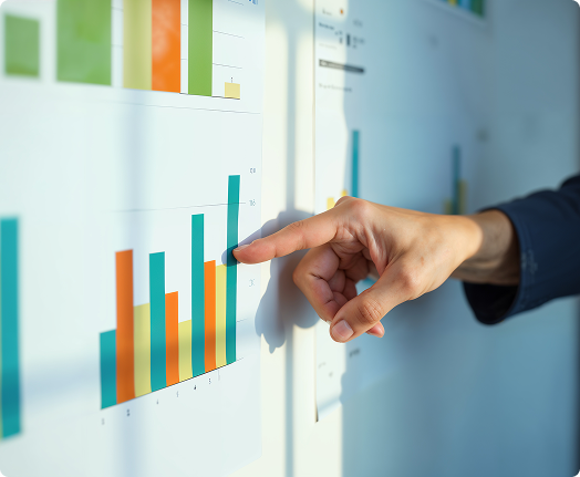 Team discussing numbers and flow in front of a presentation board