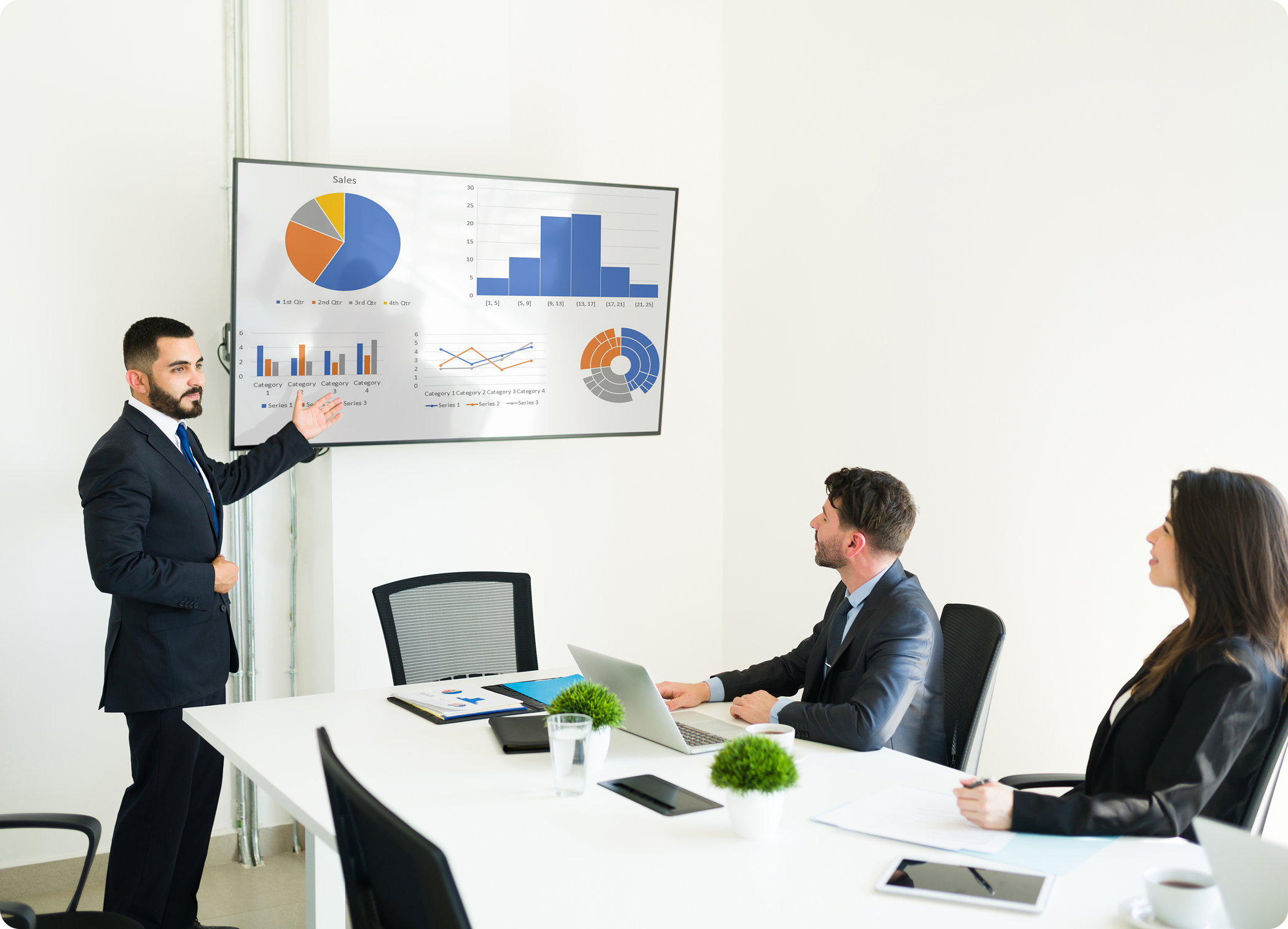 Business professional presenting to team in meeting room