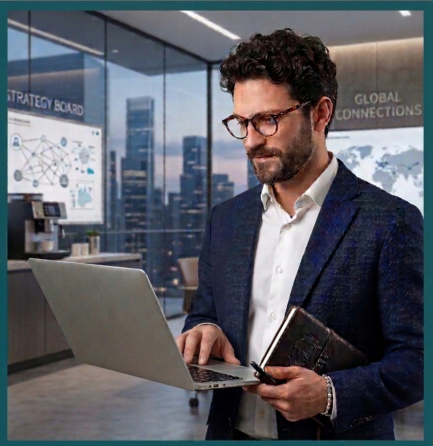 Gemini_Generated_Image_ebsatmebsatmebsa Startup stories, Business guides & Marketing | Codeventures Blog Bearded man in a blazer working on a laptop in a modern office, holding a notebook and pen.