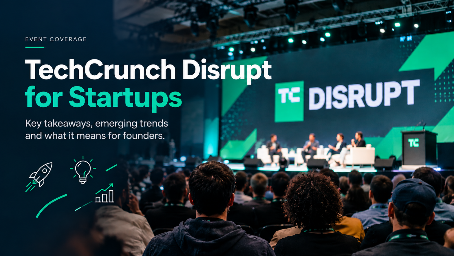 Audience at TechCrunch Disrupt conference watching a panel on a lit stage with a large Disrupt logo in teal and green graphics.”] ,