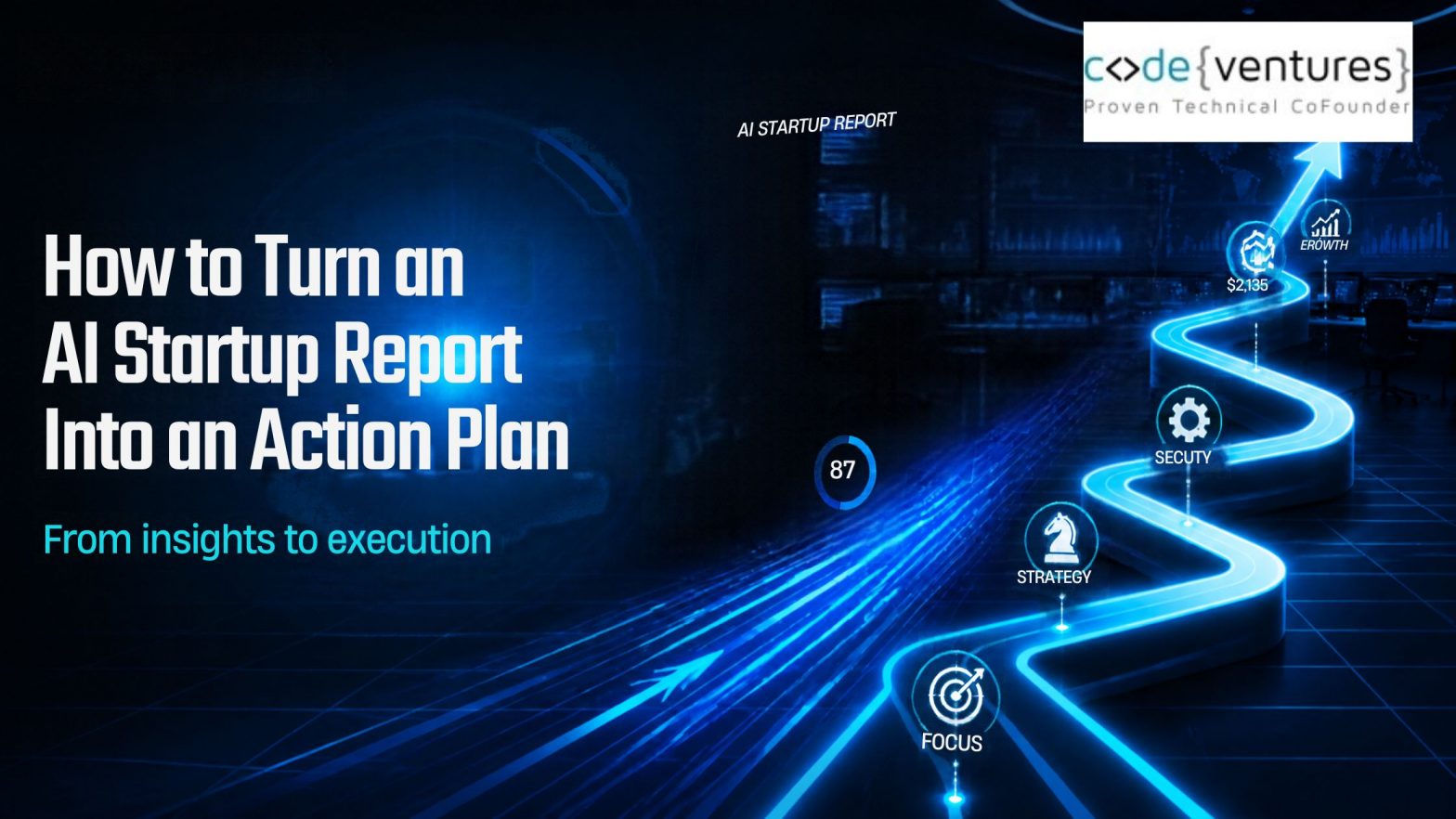 Cover slide for an AI startup guide with the title 'How to Turn an AI Startup Report Into an Action Plan' and a glowing blue path of icons on the right, plus a CodeVentures logo in the corner.