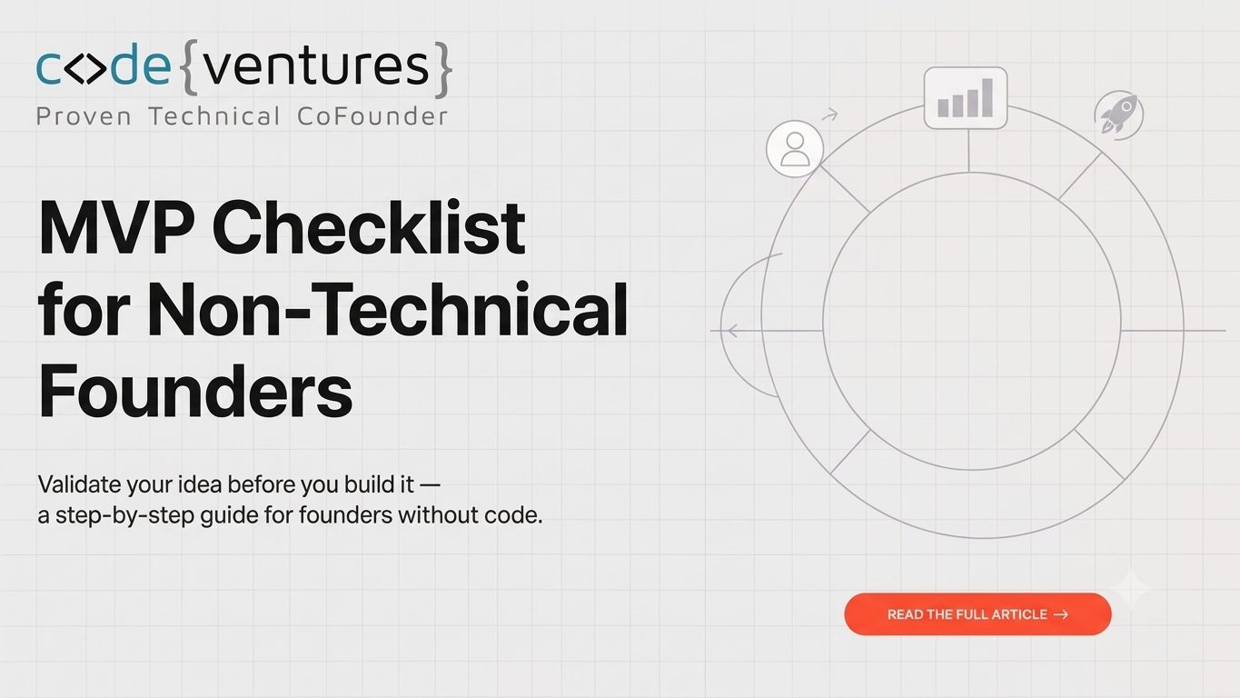 Hero banner: 'MVP Checklist for Non-Technical Founders' with Code Ventures logo on left and a circular diagram on the right.